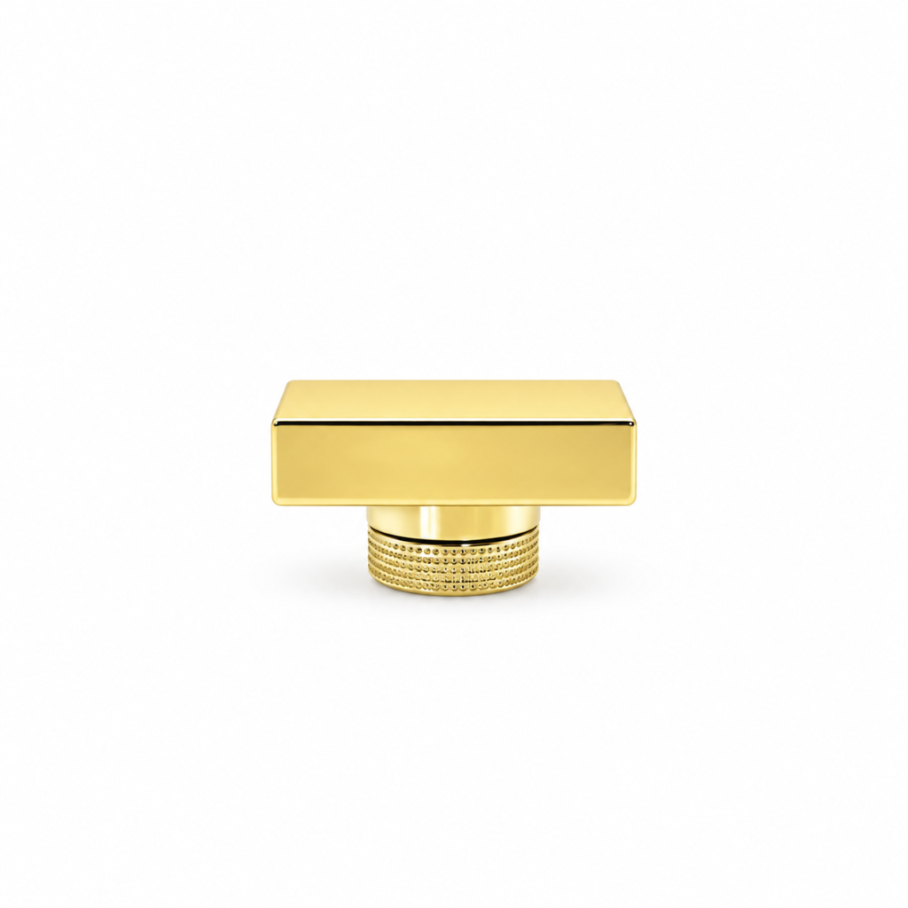 Front view of model YM2404 gold rectangular perfume bottle cap with a polished top and textured collar.