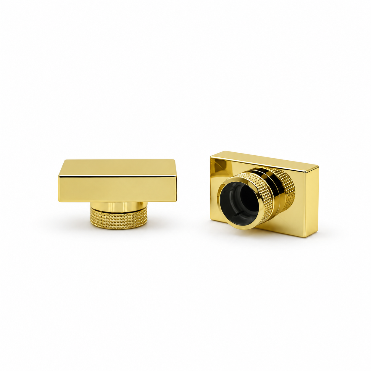 Model YM2404 gold rectangular perfume bottle caps with textured collars, showing exterior and interior views.