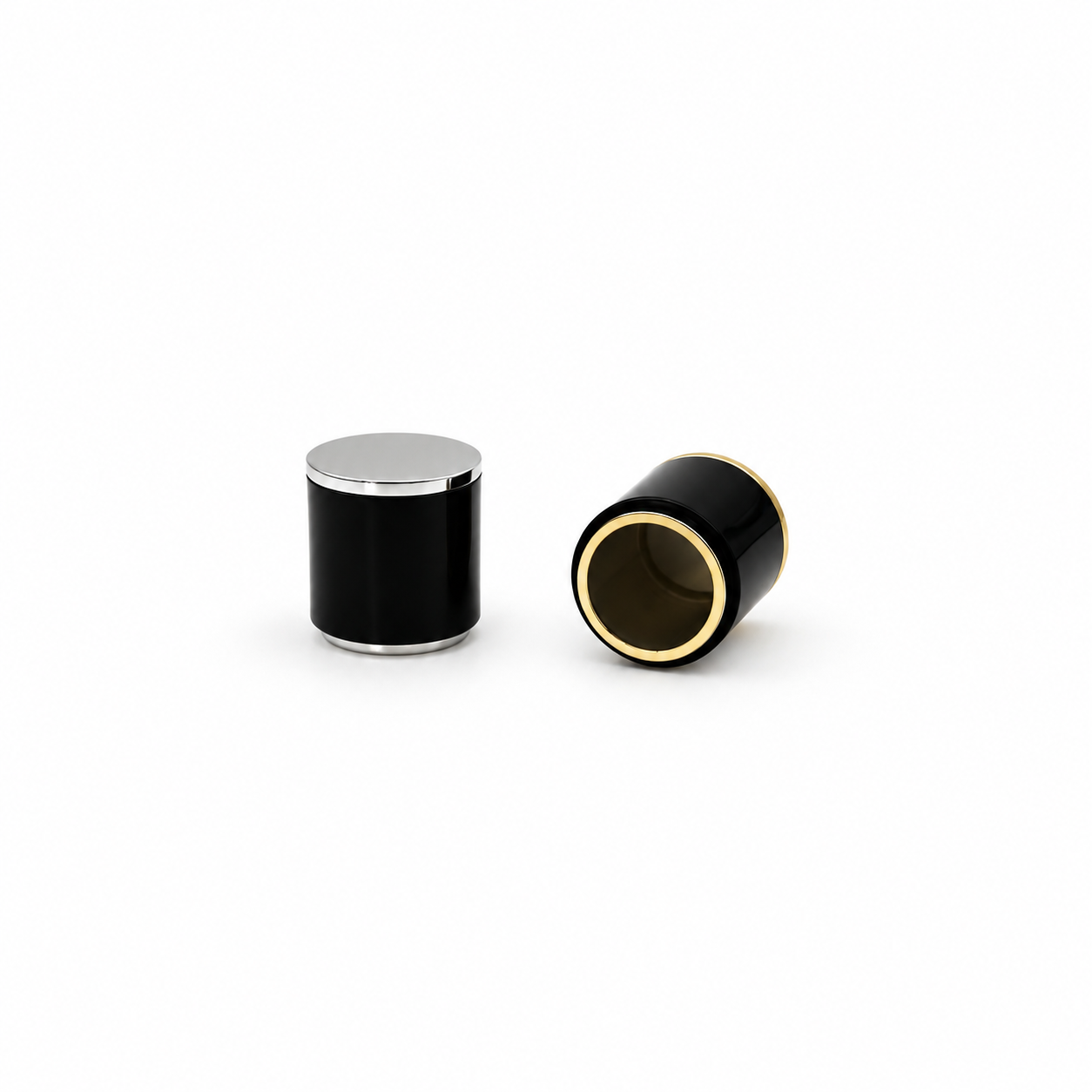 Model 6020-2B black cylindrical perfume bottle caps with silver and gold trim, showing exterior and interior views.