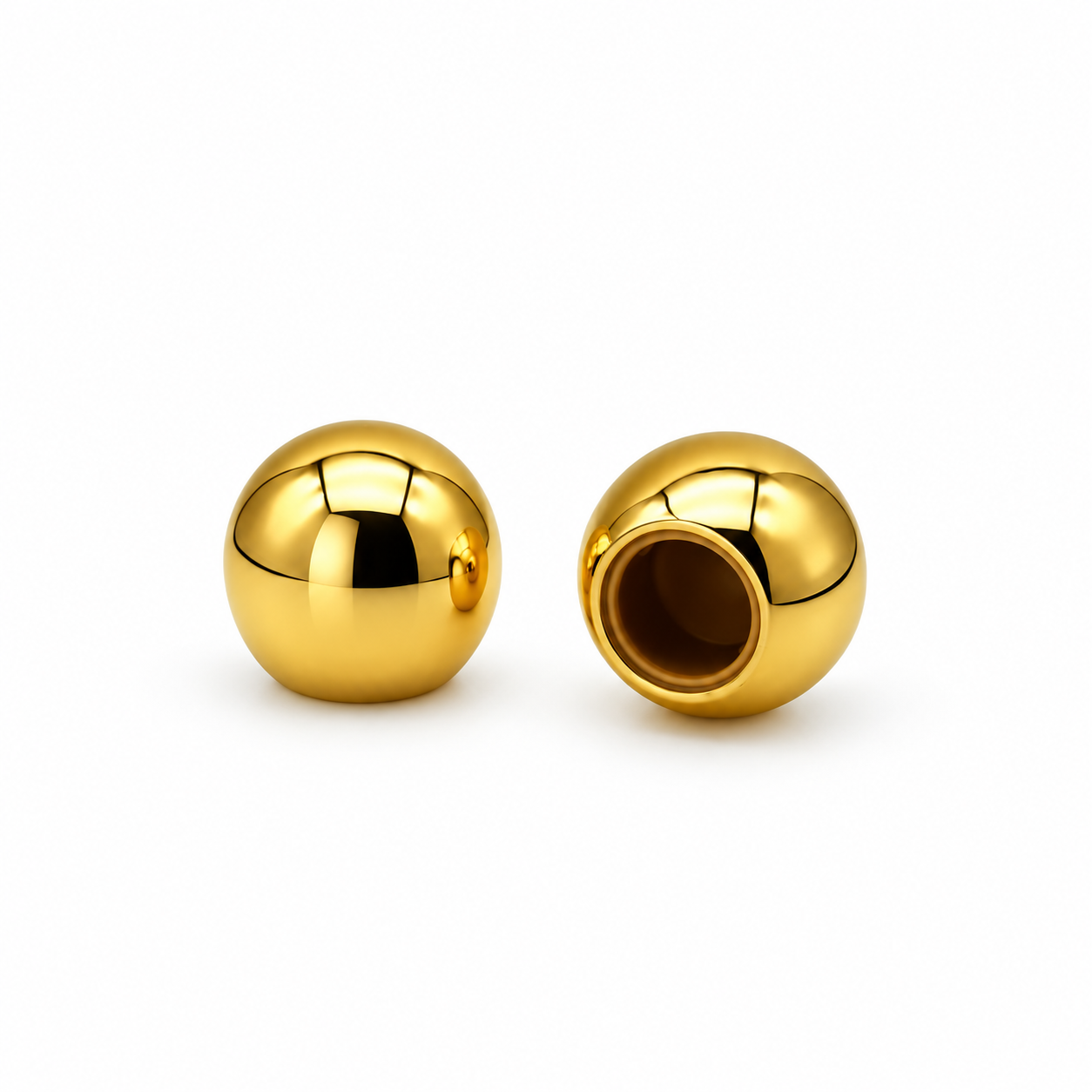 Model 7179 gold spherical perfume bottle caps with a polished finish, showing exterior and interior views.