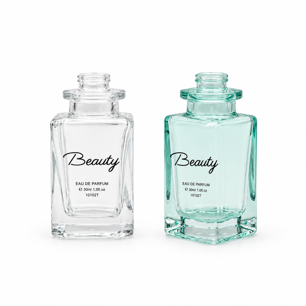 Clear and aqua-toned 30ml rectangular glass perfume bottles without caps, showing the necks, rounded shoulders and thick glass bases