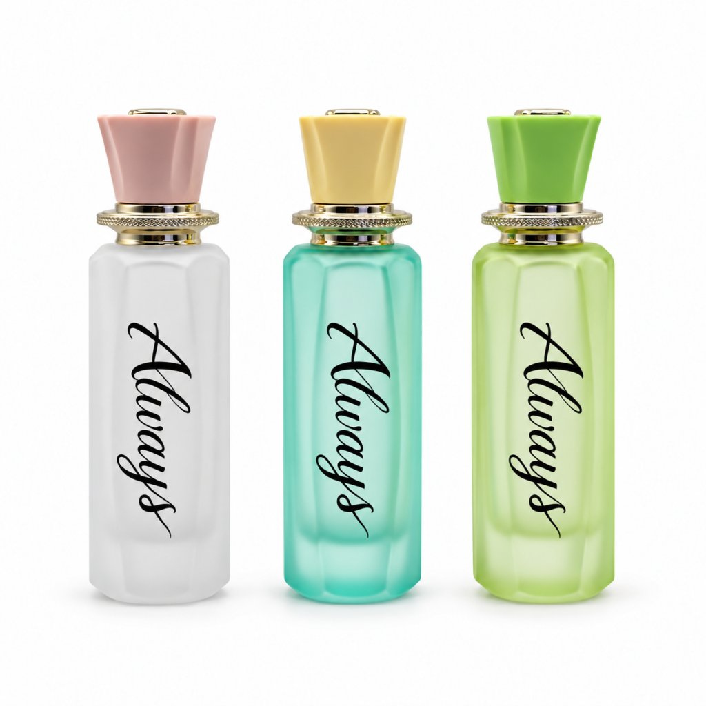 White, turquoise and light green 100ml tall faceted glass perfume bottles with pink, yellow and green caps and gold collars.