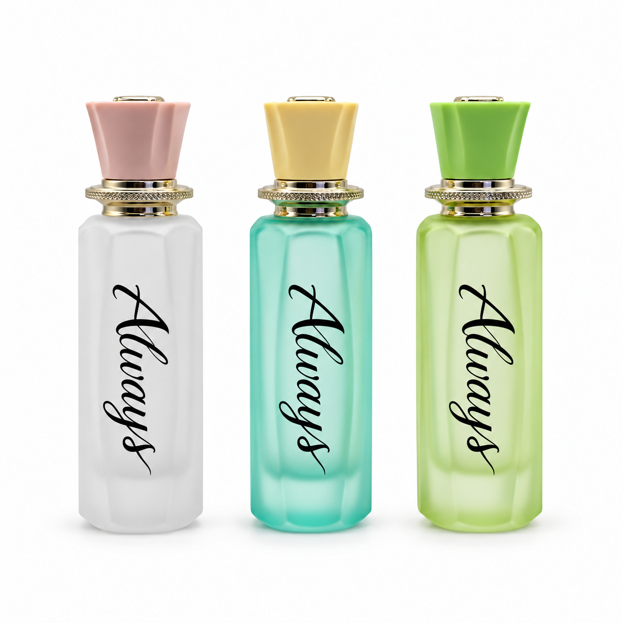 White, turquoise and light green 100ml tall faceted glass perfume bottles with pink, yellow and green caps and gold collars.