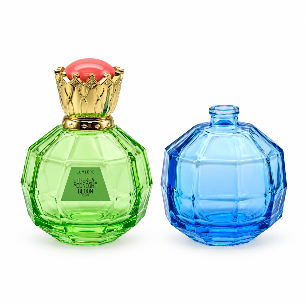 Green faceted glass perfume bottle with a crown-style cap beside an uncapped blue bottle showing the neck and angular shoulders