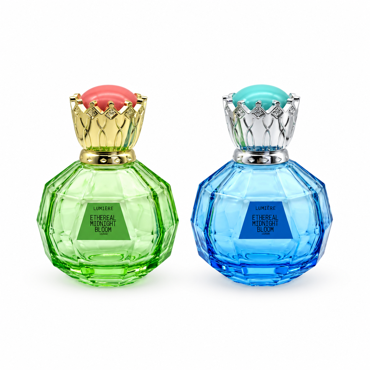 Green and blue faceted glass perfume bottles with gold-tone and silver-tone crown-style caps and coral and turquoise tops