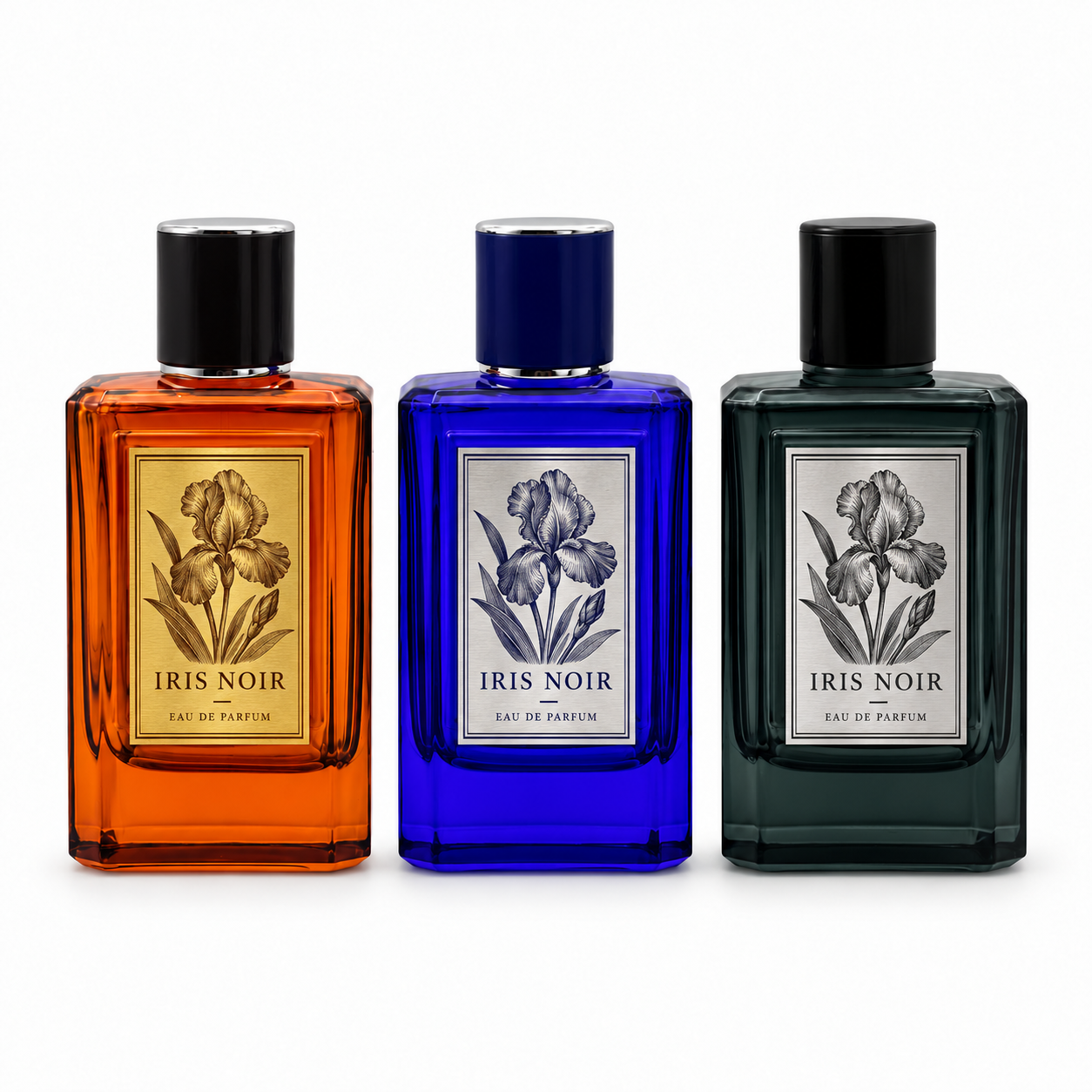 Blue and smoky grey 100ml rectangular glass perfume bottles, showing an open neck and a black cylindrical cap.