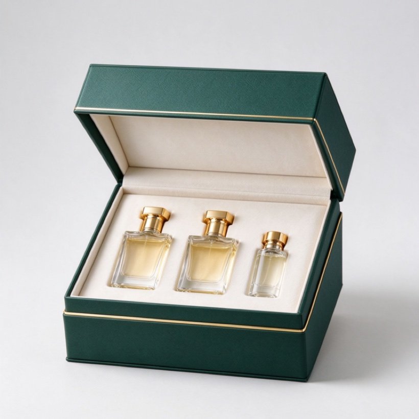 Green perfume gift box with fitted insert and matching bottles